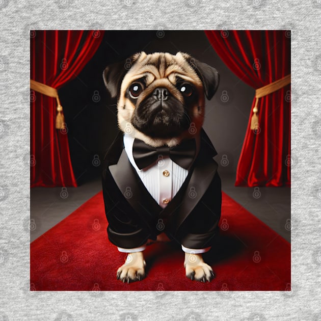 Pug dog in formal tuxedo suit sitting on red carpet by nicecorgi